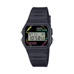 Black Casio digital watch with Pac-Man design on a white background