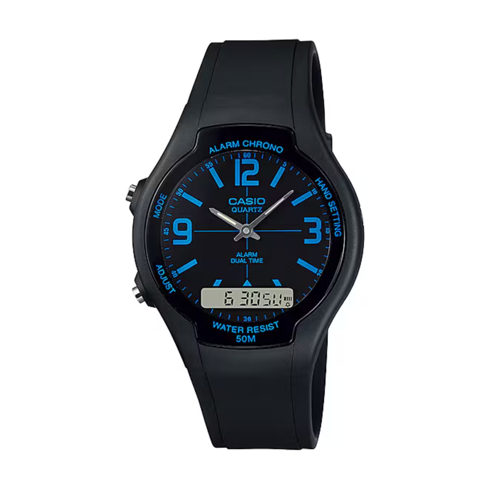 Black Casio watch with blue text on a white background