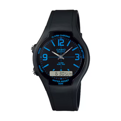 Black Casio watch with blue text on a white background