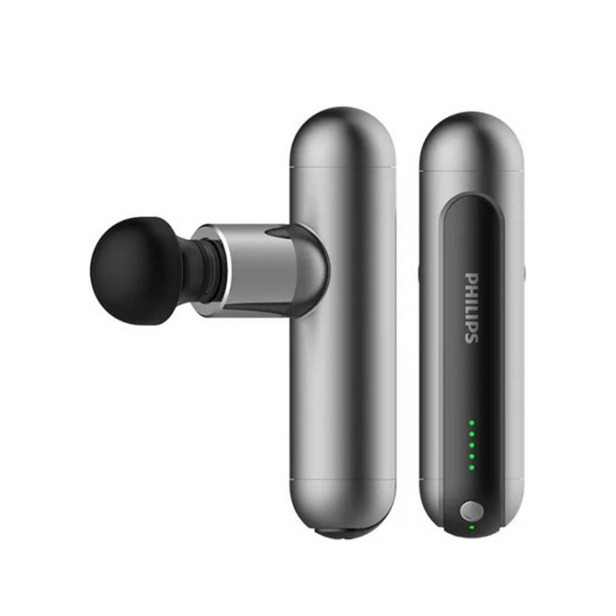 Silver handheld device with a black component on a white background