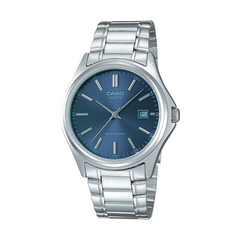 Casio watch with silver metal strap and blue dial on a white background