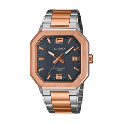 Casio watch with rose gold and silver band on white background