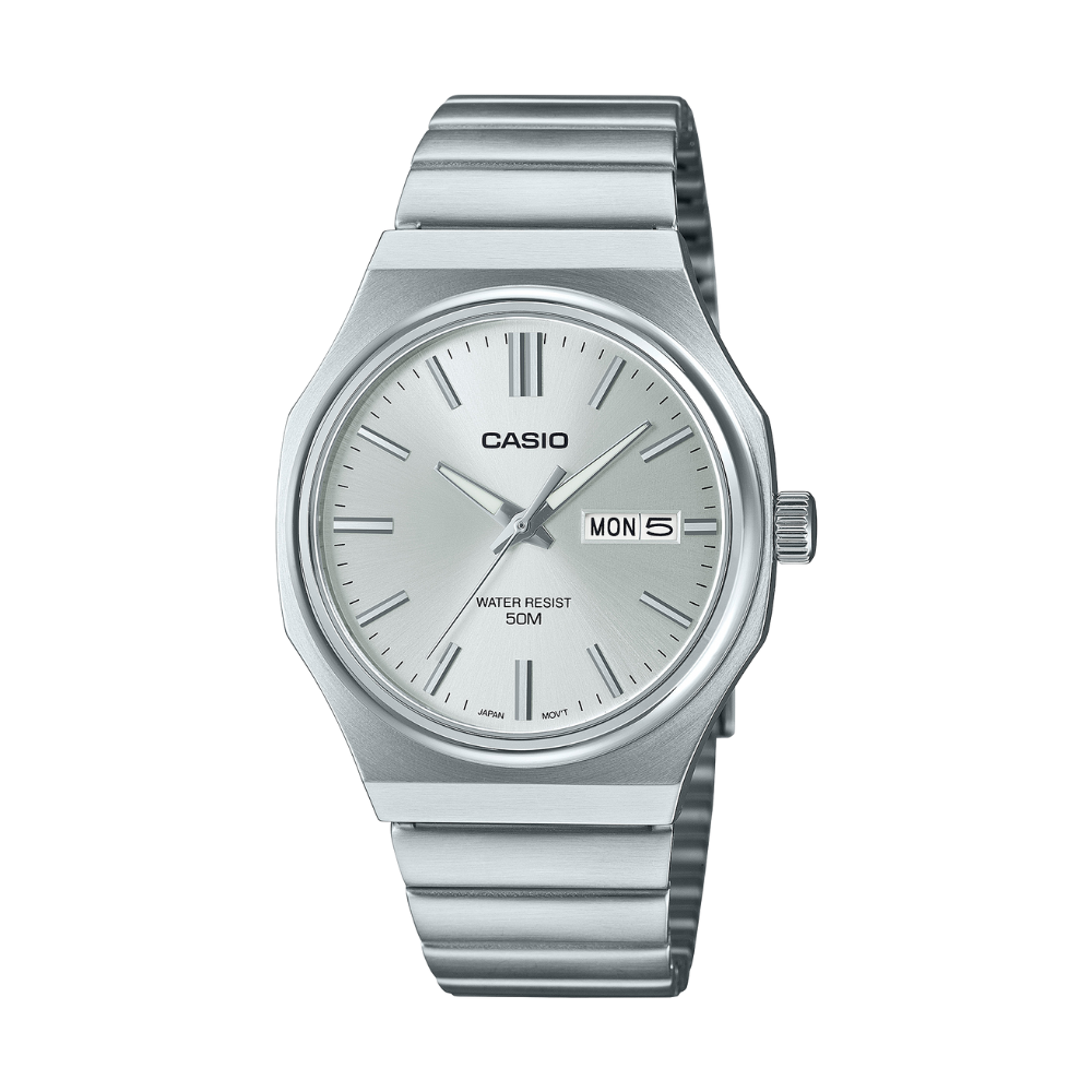 Silver Casio watch on a white background