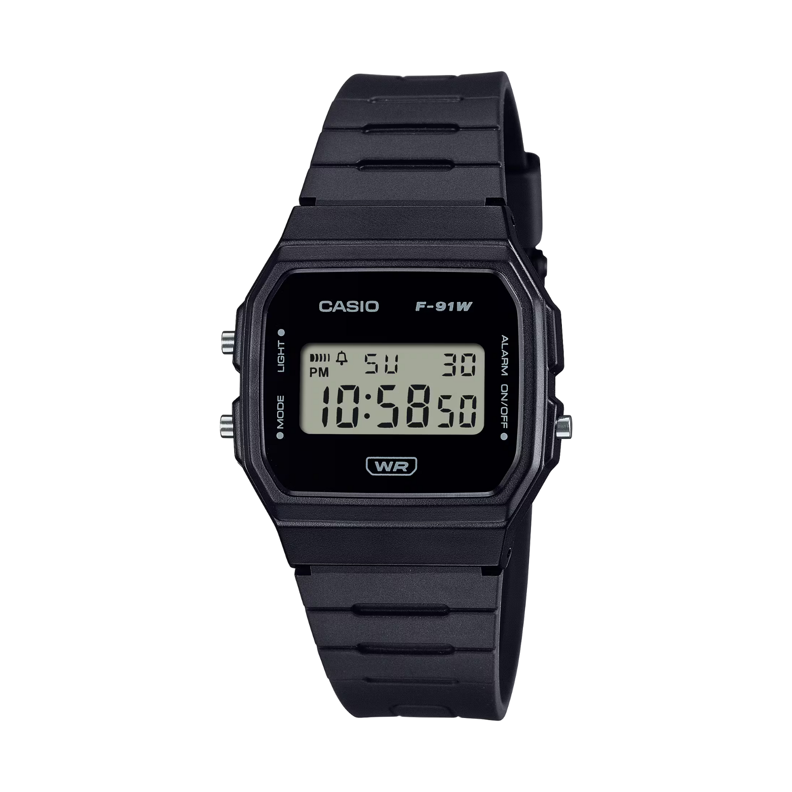 Black Casio digital watch on a white background