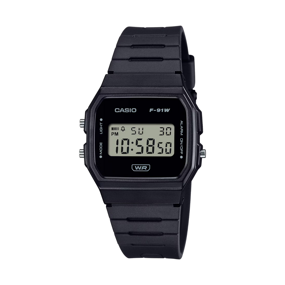 Black Casio digital watch on a white background