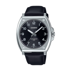 Casio watch with black dial and leather strap on a white background