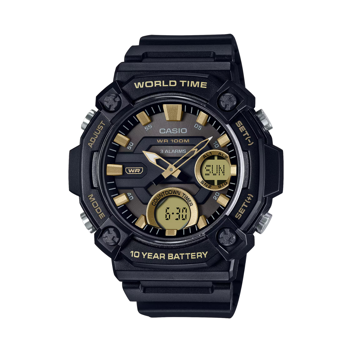 Black Casio watch with gold accents on a white background