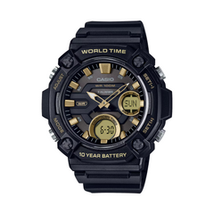 Black Casio watch with gold accents on a white background