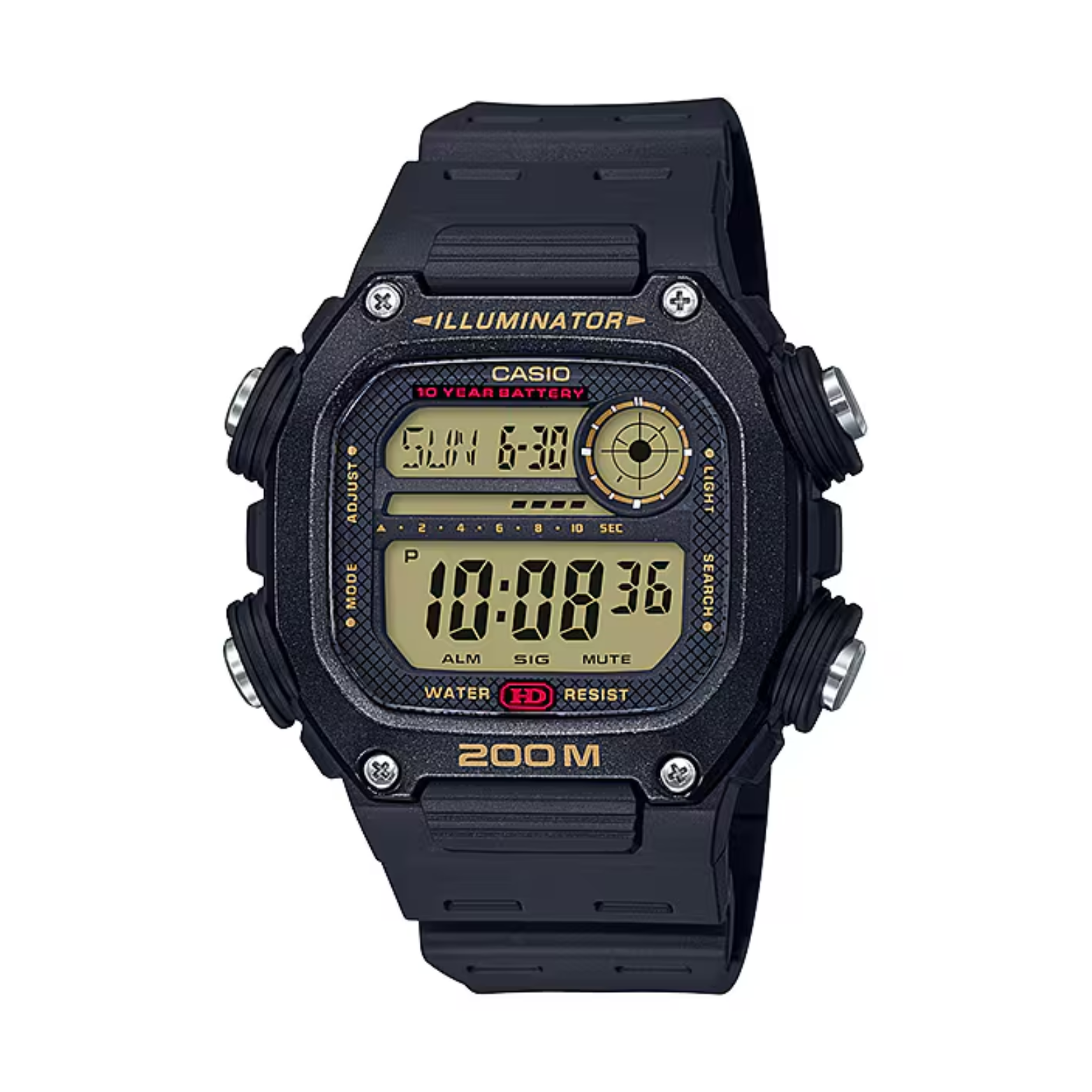 Black Casio digital watch with yellow and red text on a white background