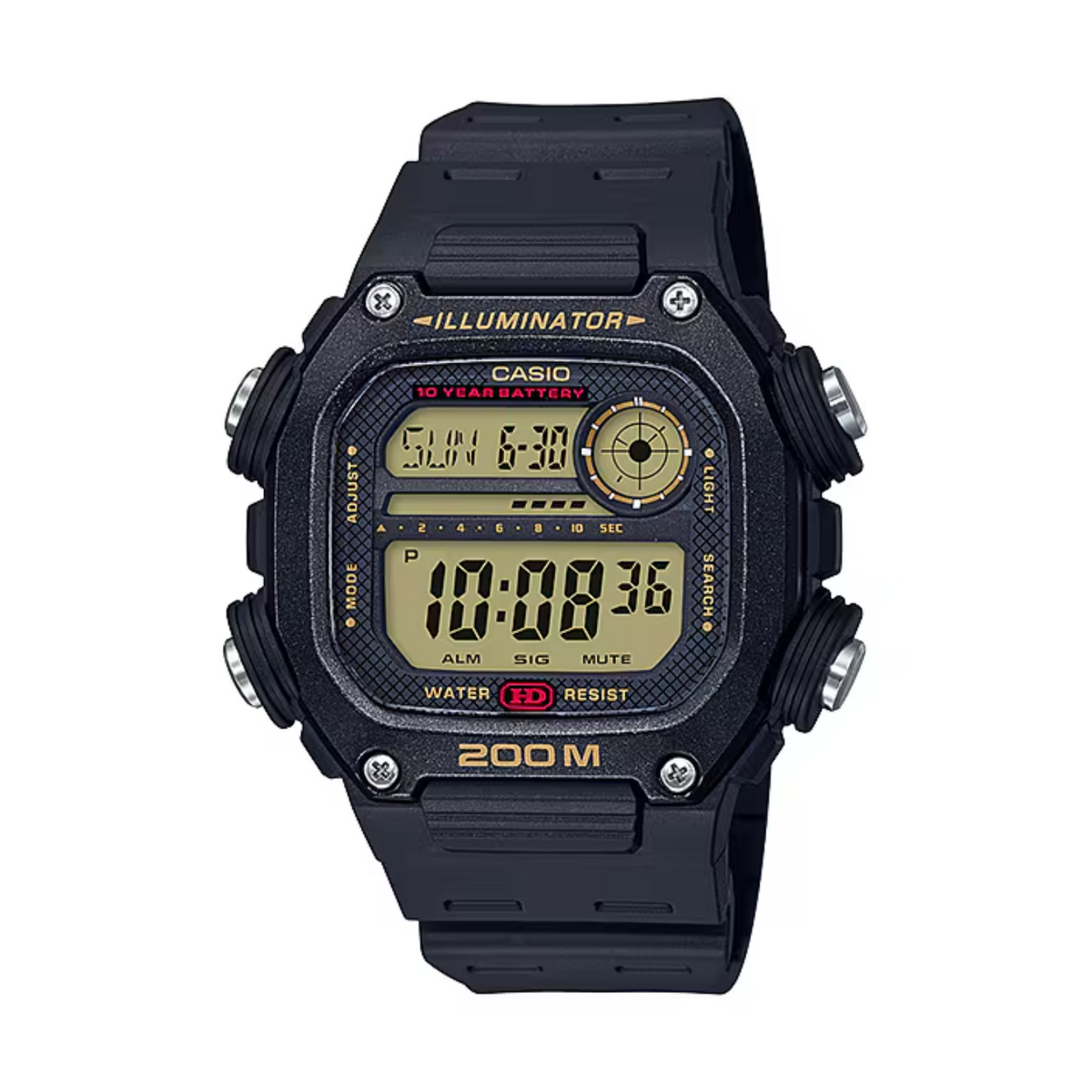 Black Casio digital watch with yellow and red text on a white background