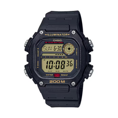 Black Casio digital watch with yellow and red text on a white background