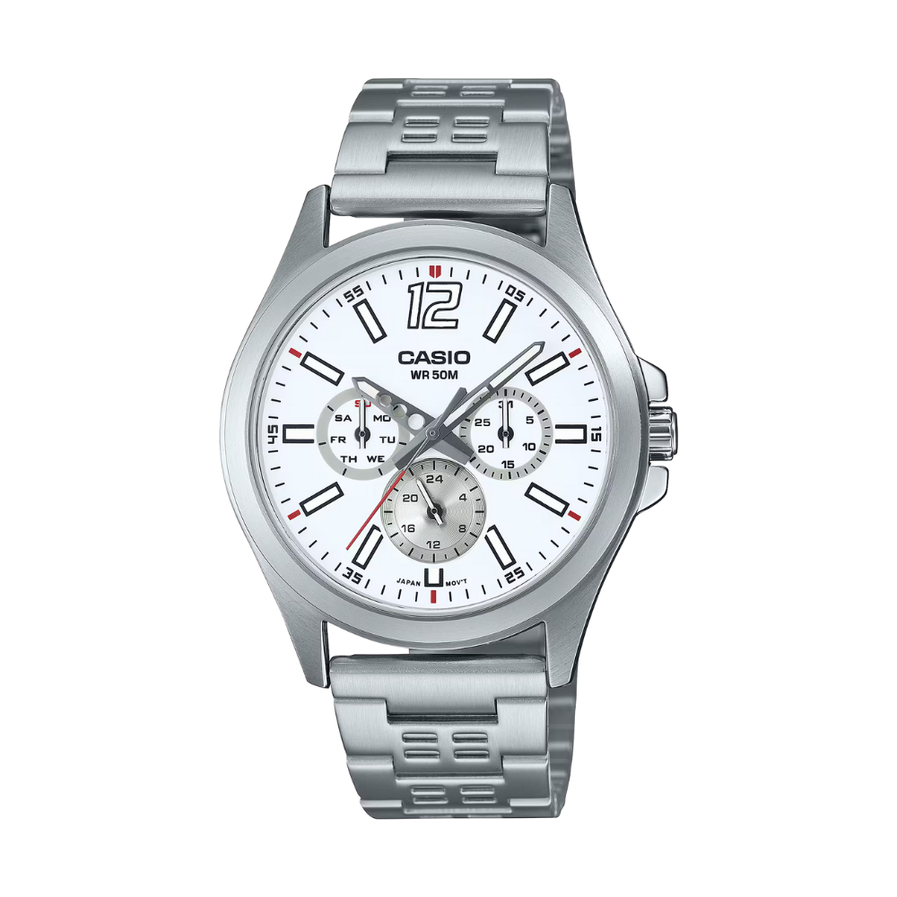 Silver Casio watch with a white face on a white background