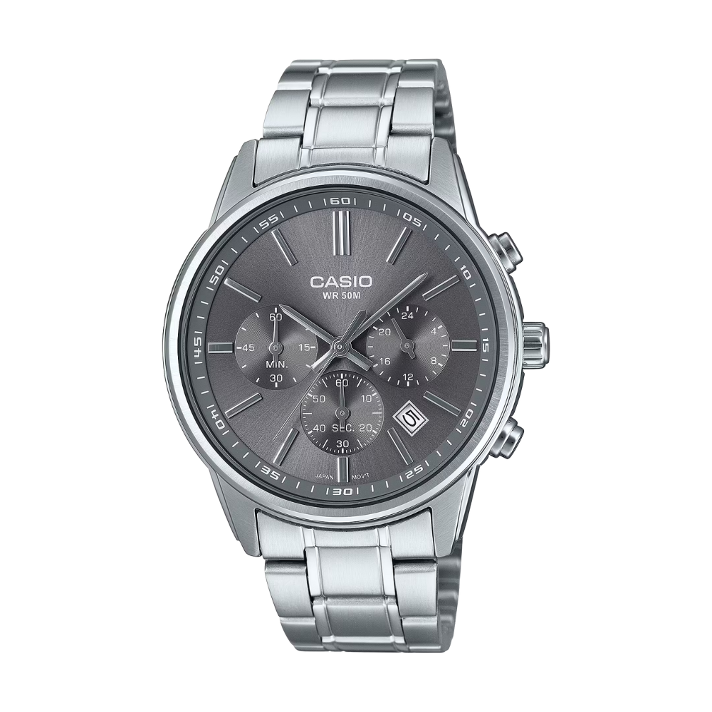 Casio watch with silver metal strap on a white background
