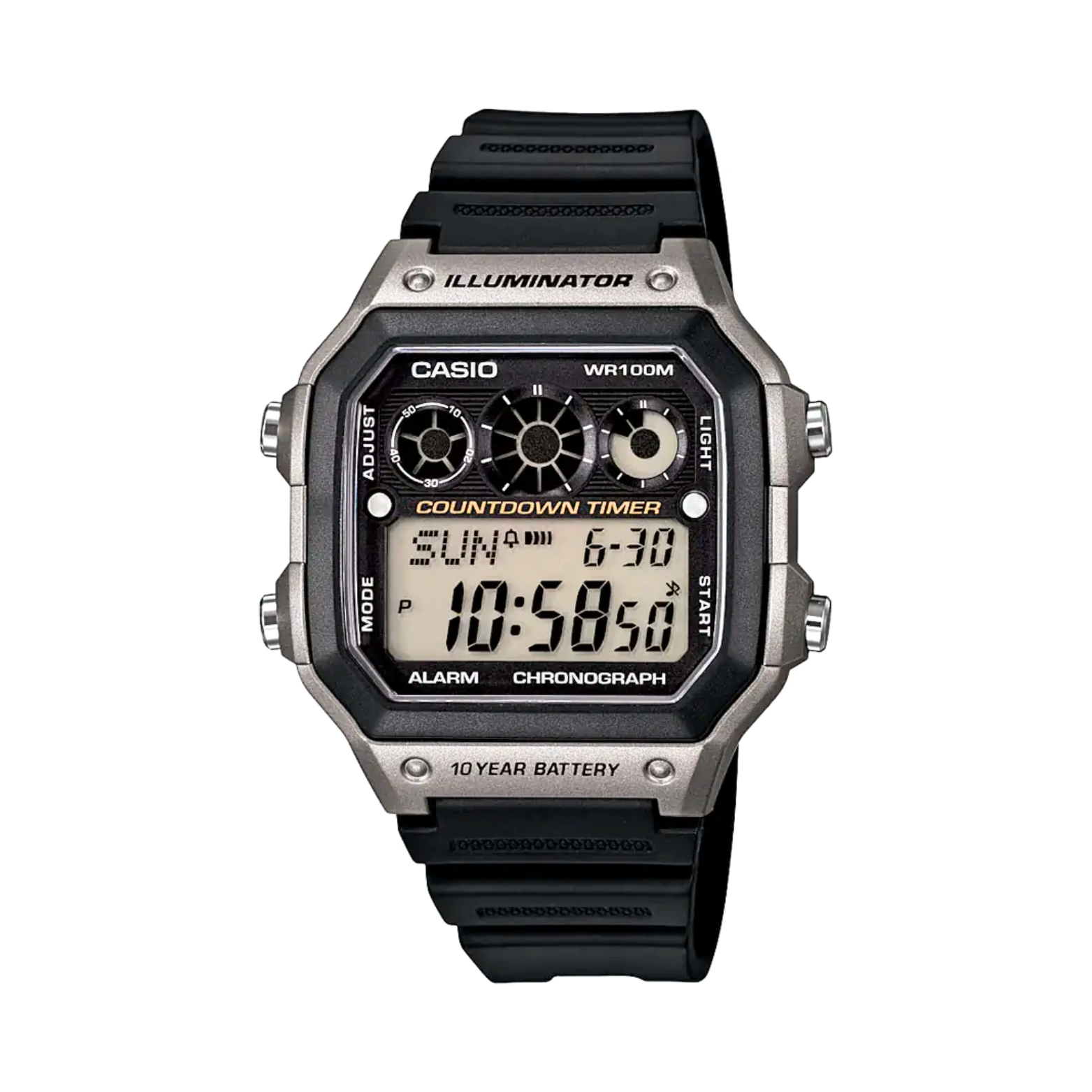 Casio digital watch with black strap on a white background