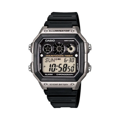 Casio digital watch with black strap on a white background
