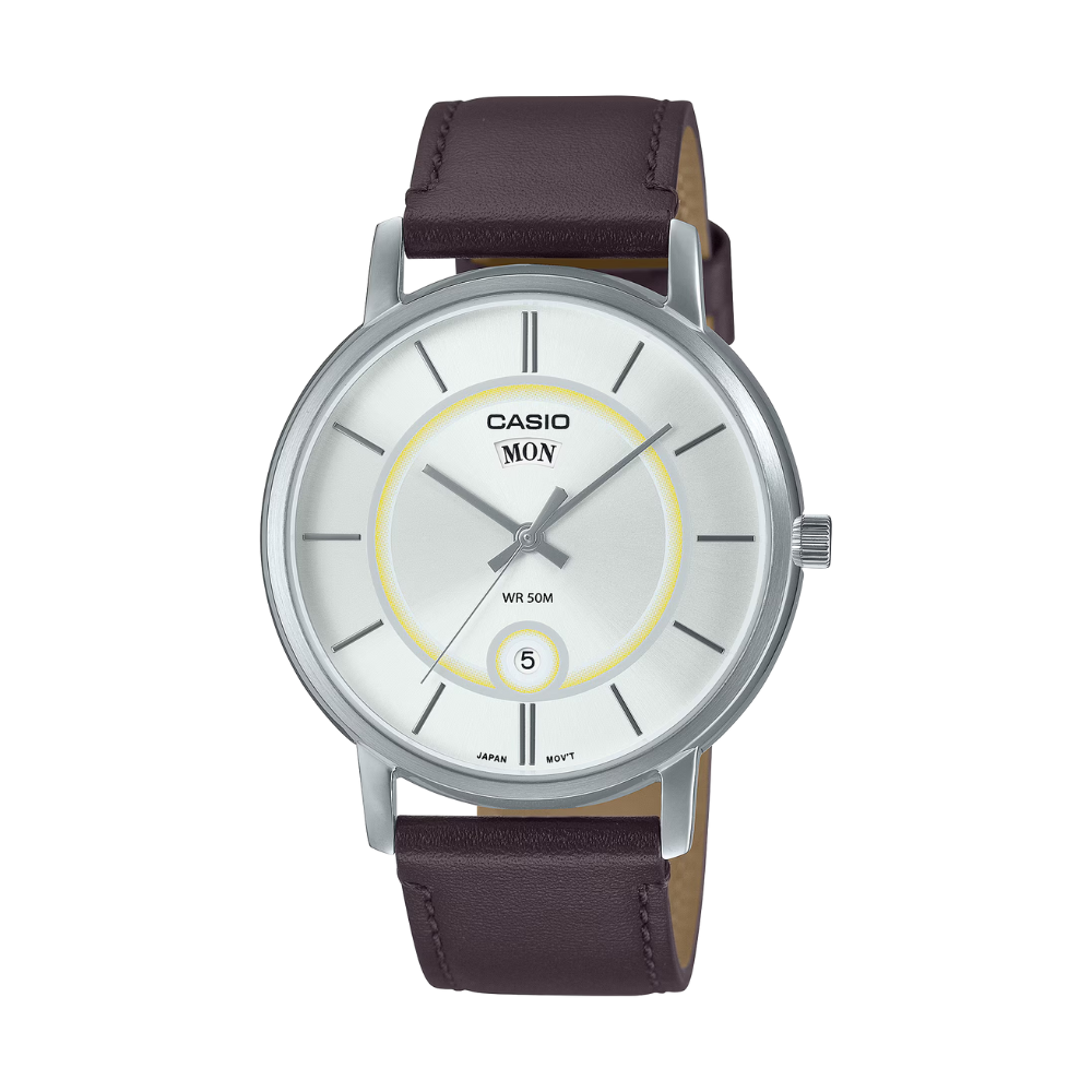 Casio watch with brown leather strap on a white background