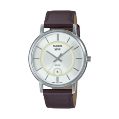 Casio watch with brown leather strap on a white background
