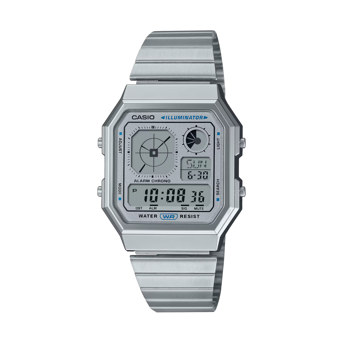 Silver Casio watch with digital and analog display on a white background