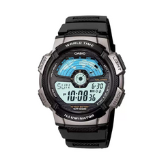 Digital watch with black strap and blue display on a white background