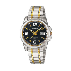 Casio watch with silver and gold band on a white background