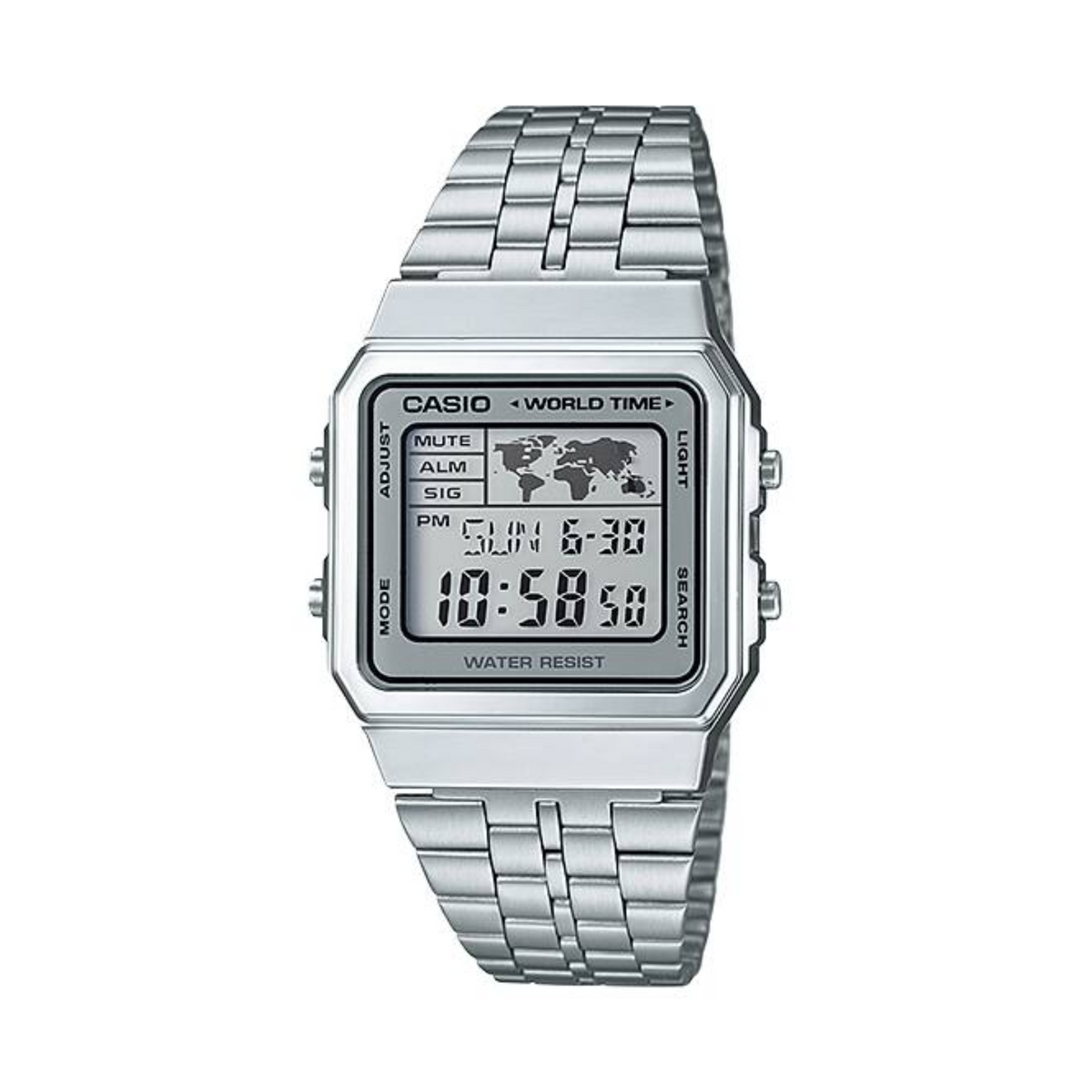 Silver Casio digital watch with world time display on a white background