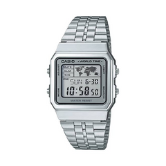 Silver Casio digital watch with world time display on a white background