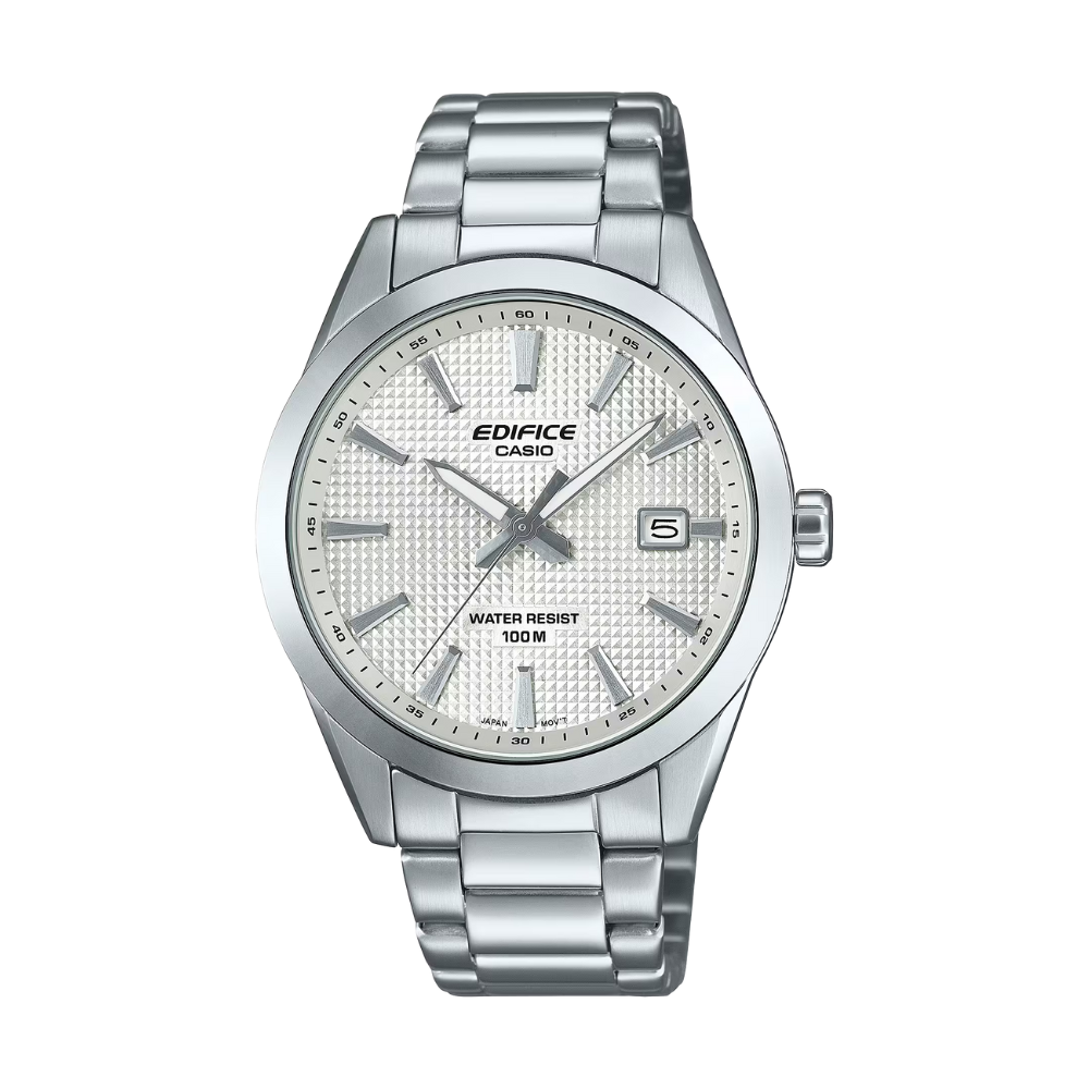 Silver Casio Edifice watch on a white background