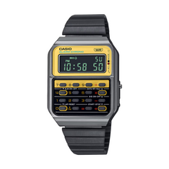 Casio digital watch with black strap on a white background