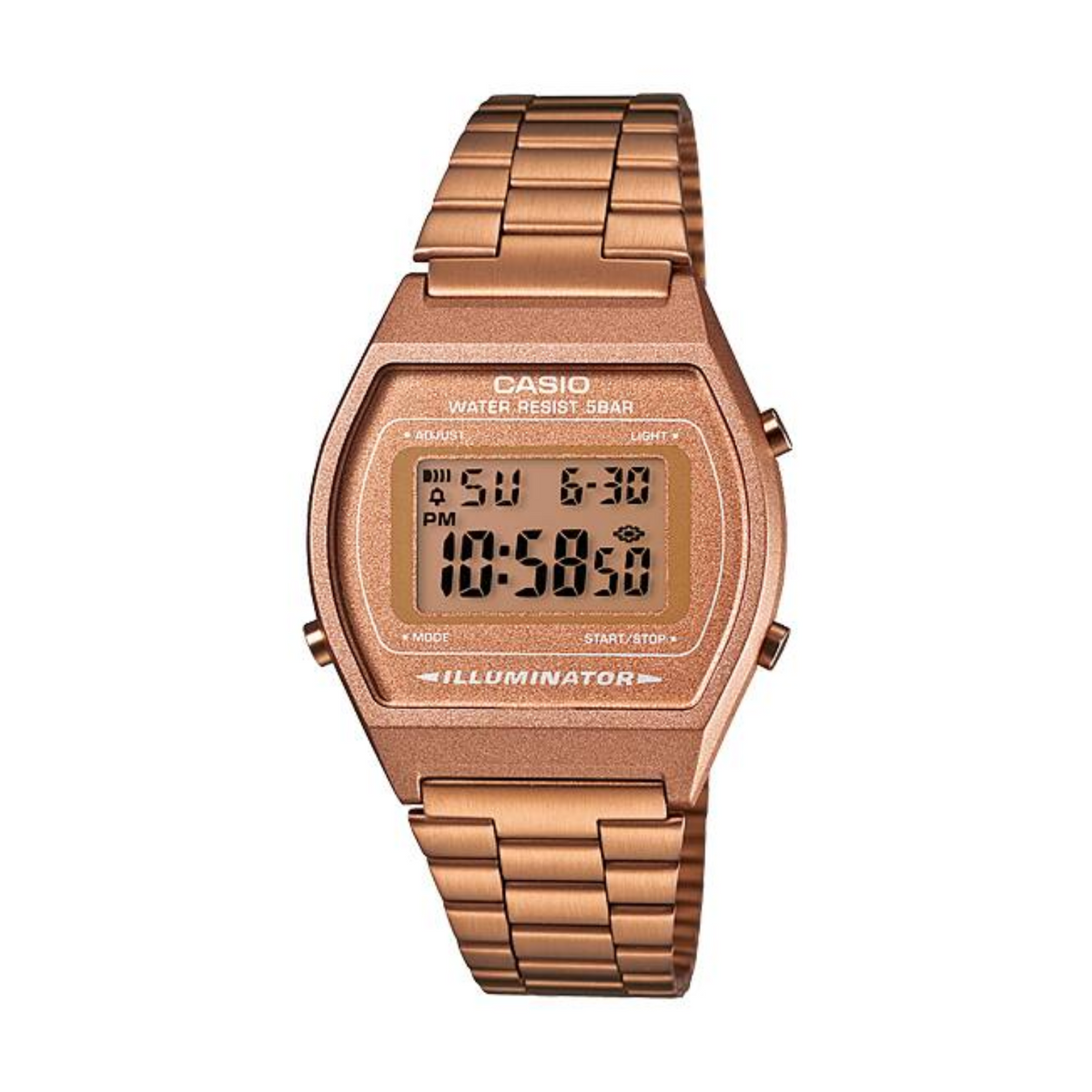 Rose gold Casio digital watch on a white background