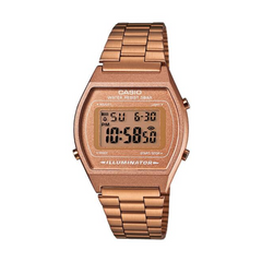 Rose gold Casio digital watch on a white background