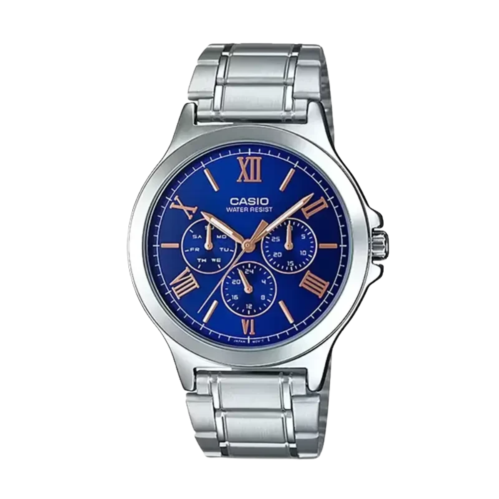 Casio watch with blue dial and silver metal strap on a white background