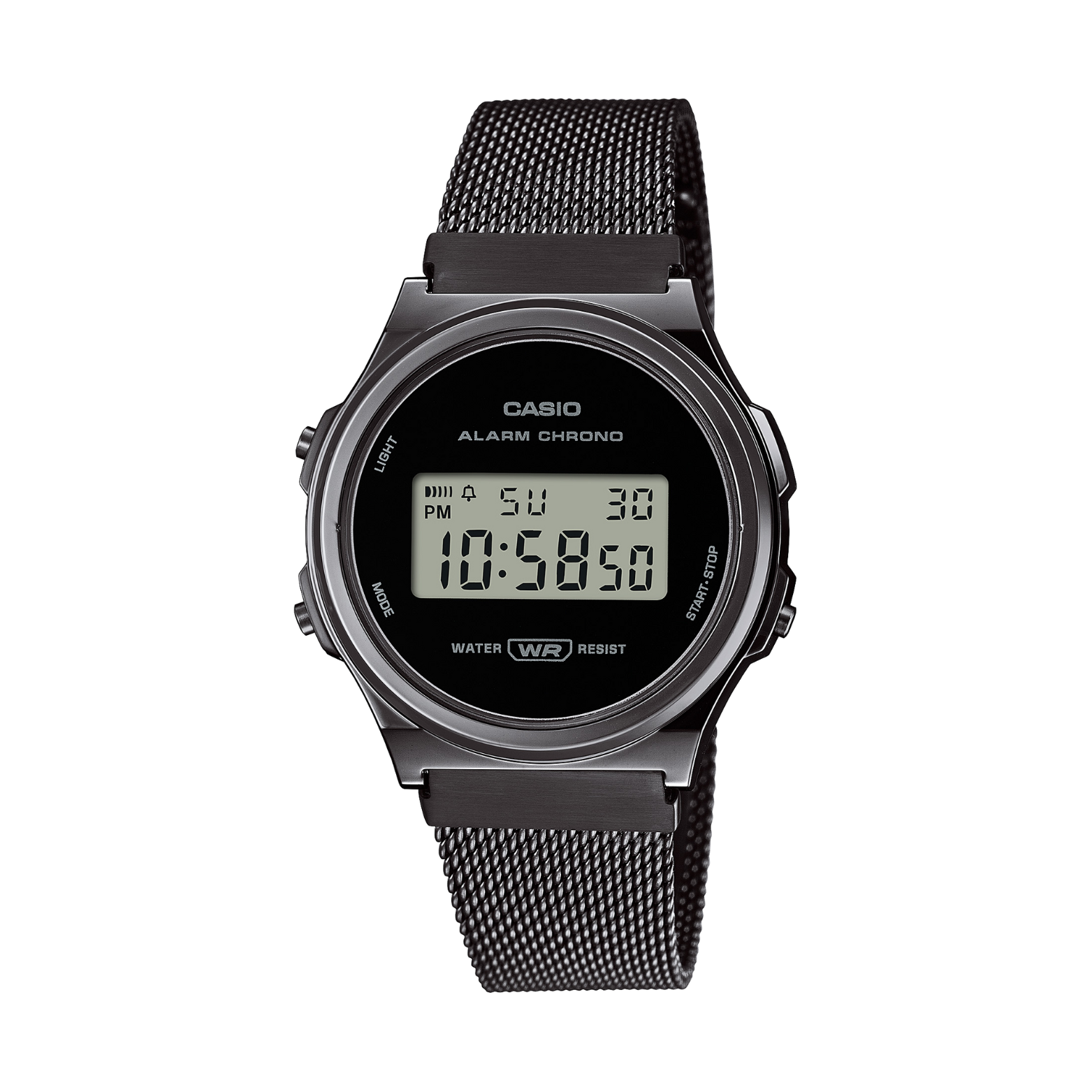 Black Casio digital watch with mesh band on a white background