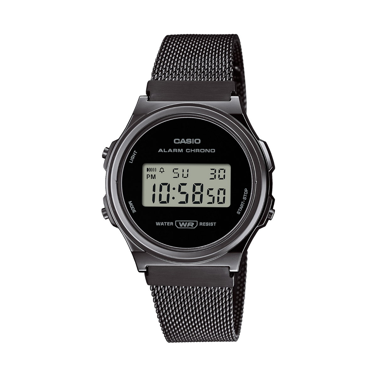 Black Casio digital watch with mesh band on a white background