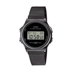 Black Casio digital watch with mesh band on a white background