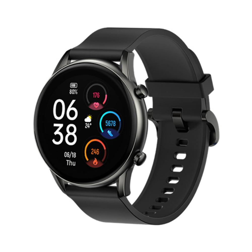 Black smartwatch with a round display on a white background