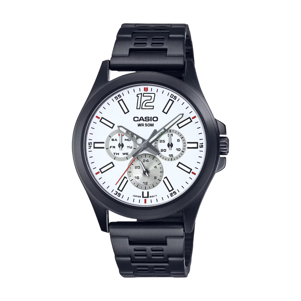 Casio watch with black strap and white face on a white background