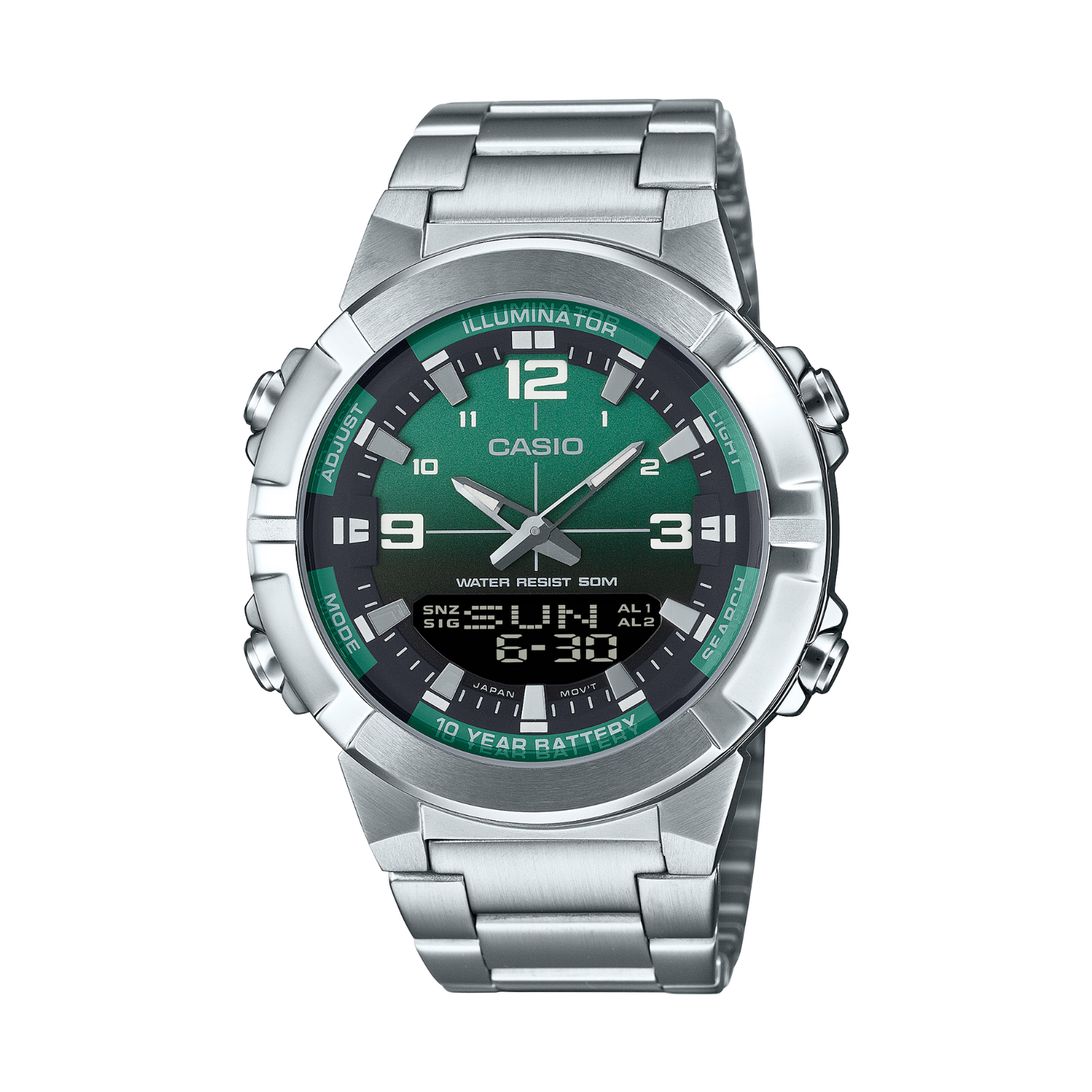 Casio watch with silver case and green dial on a white background