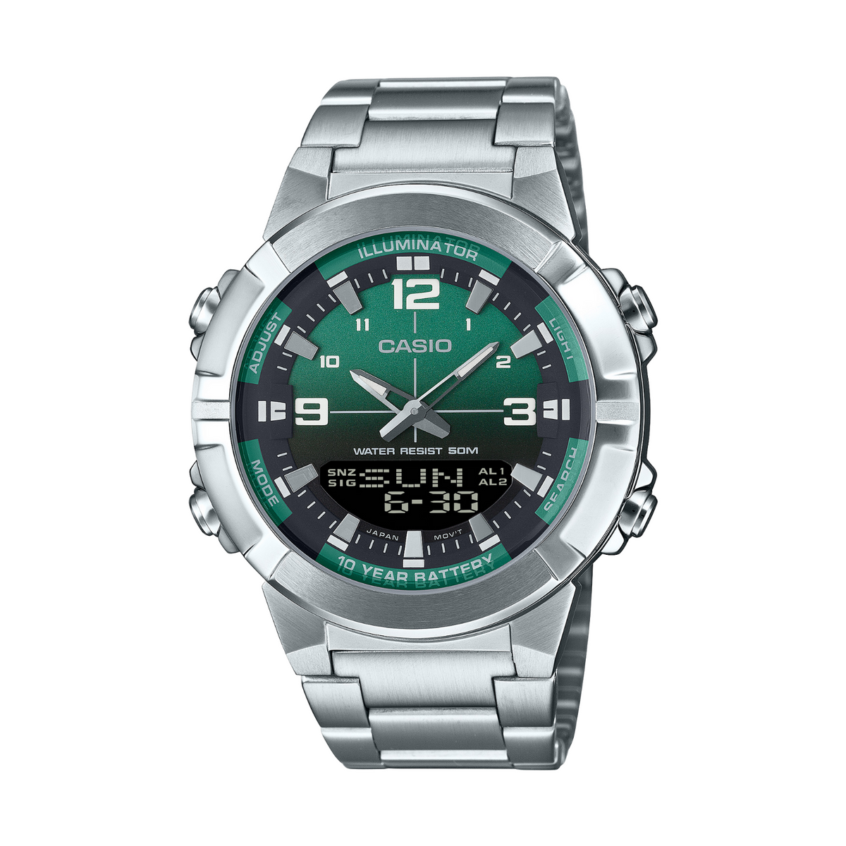 Casio watch with silver case and green dial on a white background