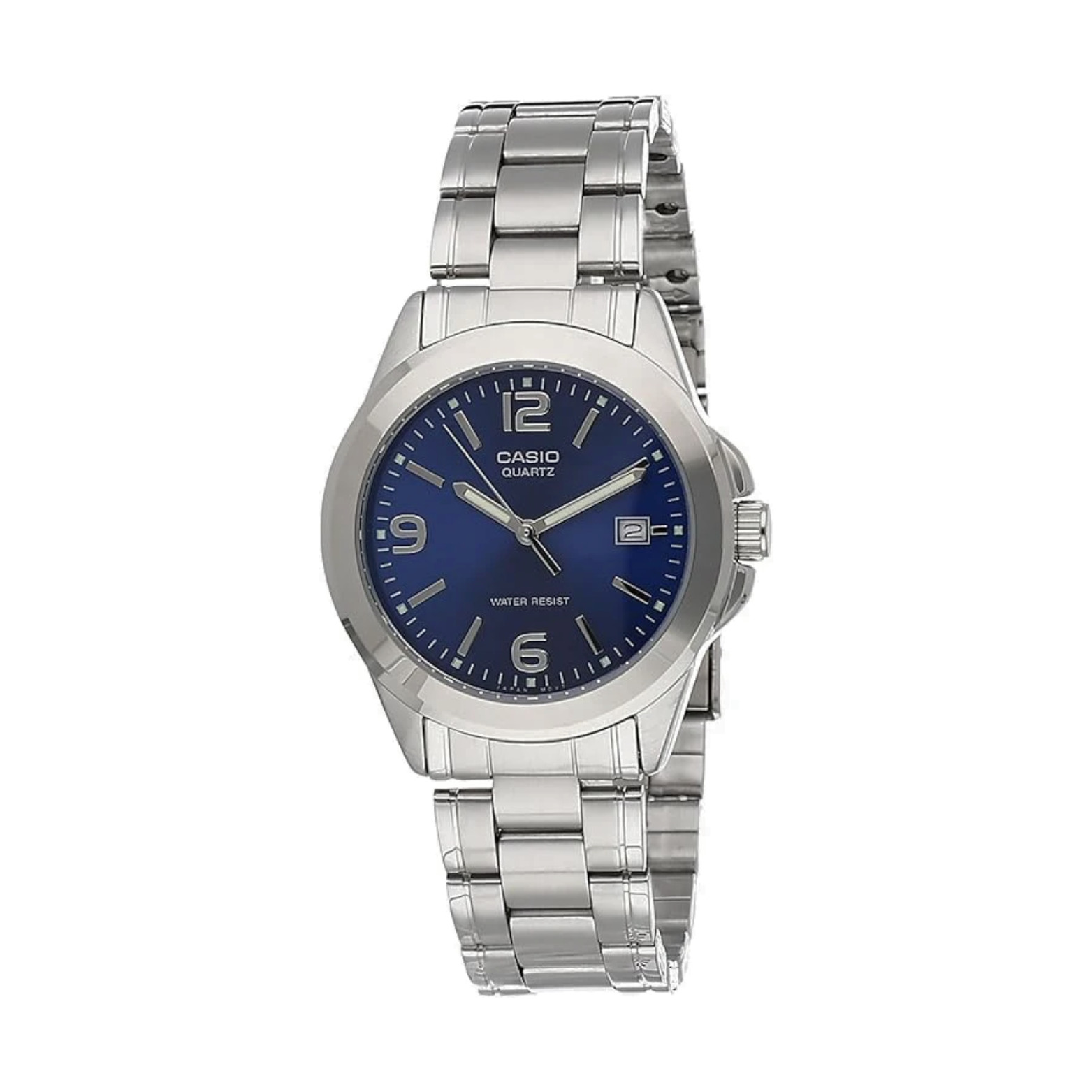 Casio watch with blue dial and silver metal strap on a white background