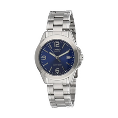 Casio watch with blue dial and silver metal strap on a white background