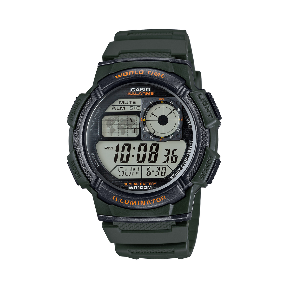 Casio digital watch with world time feature on a white background
