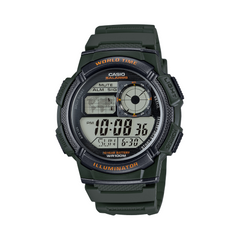 Casio digital watch with world time feature on a white background