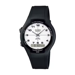 Black Casio watch with white face on a white background