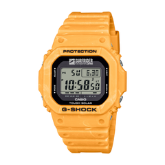 Orange Casio G-Shock watch with digital display on a white background