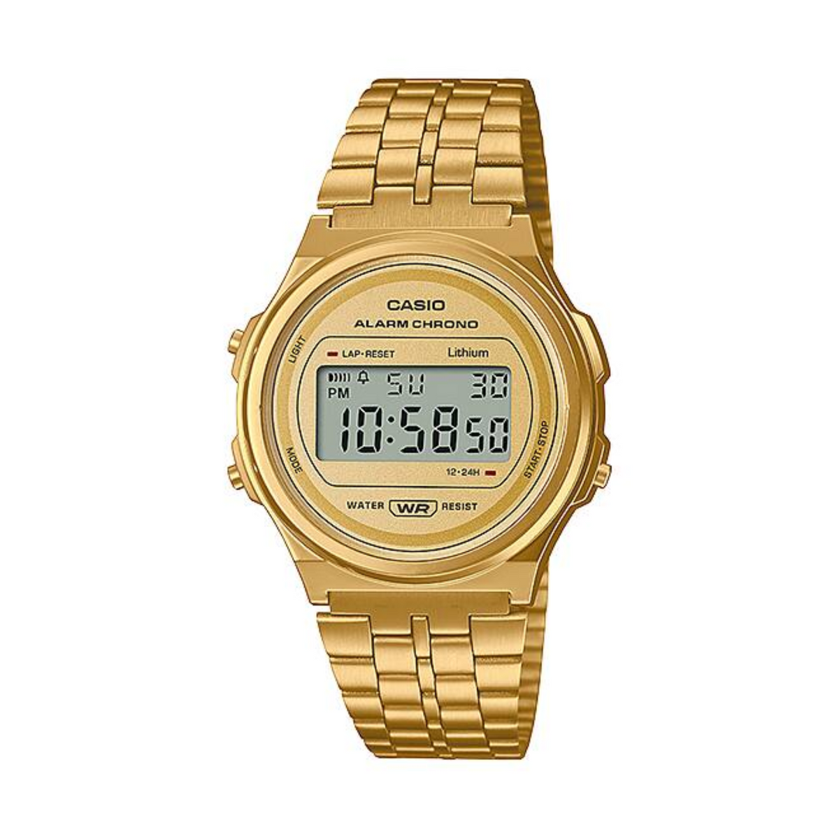Gold Casio digital watch on a white background