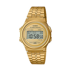 Gold Casio digital watch on a white background