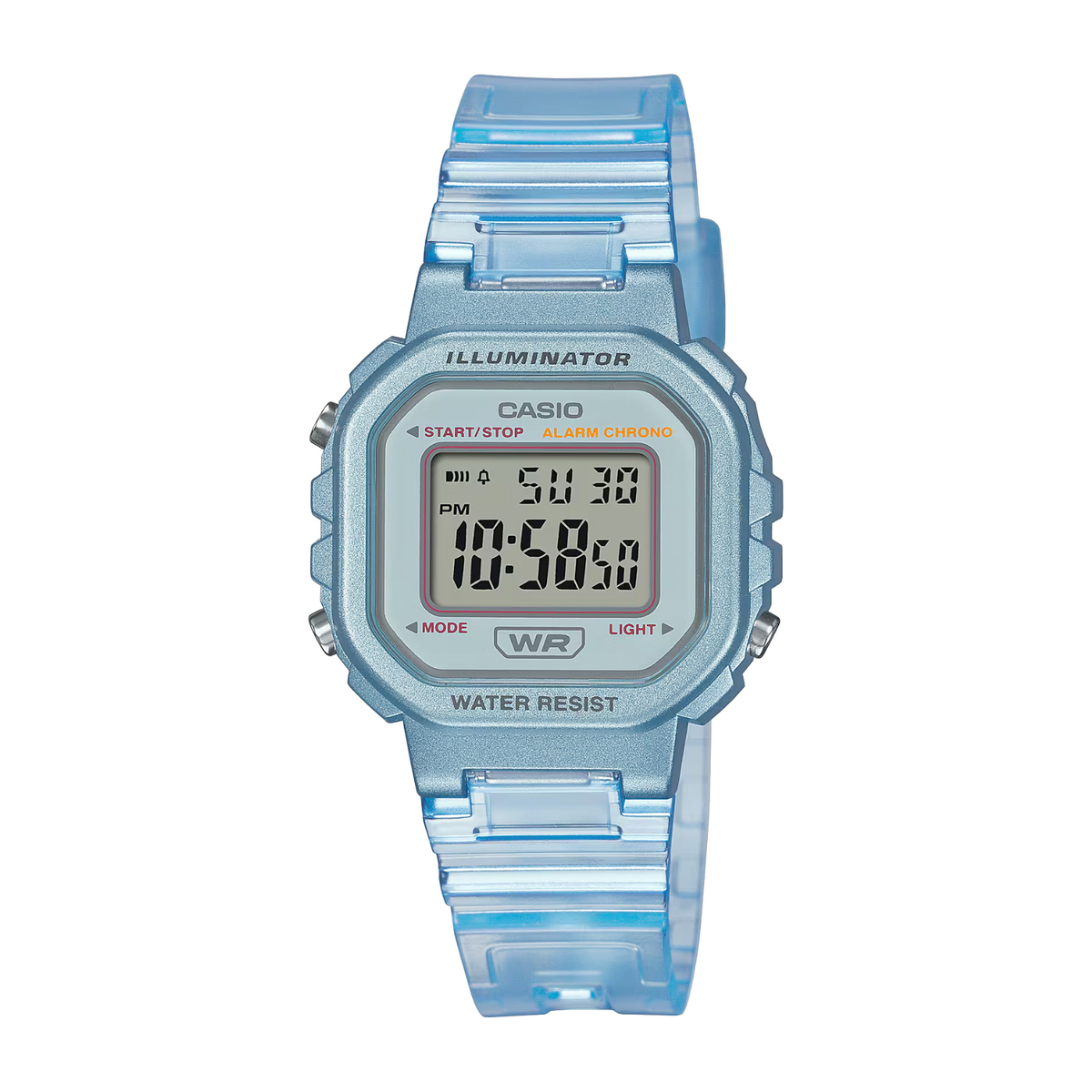 Blue digital watch with clear strap on a white background