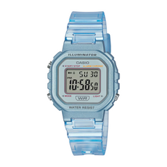 Blue digital watch with clear strap on a white background