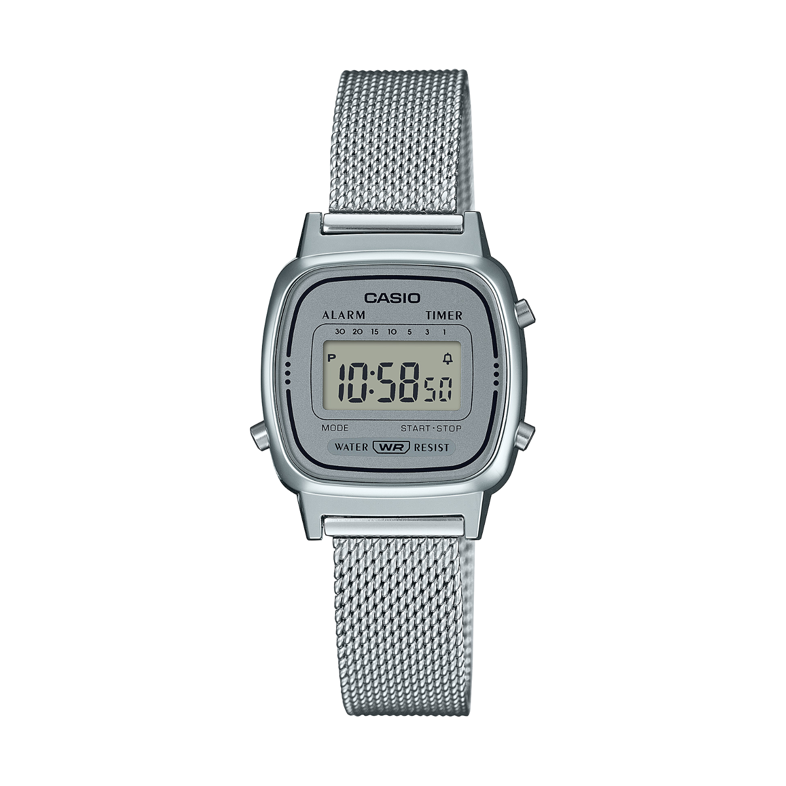 Silver Casio digital watch with mesh band on a white background