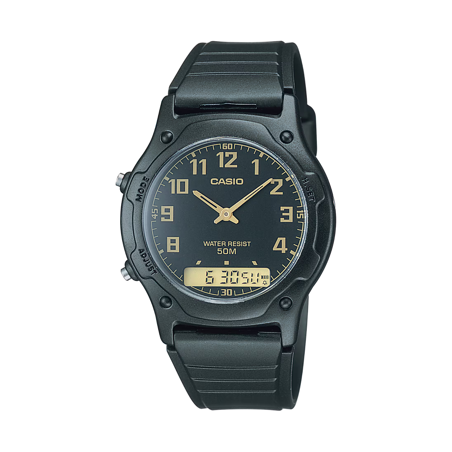 Black Casio watch with digital display on a white background